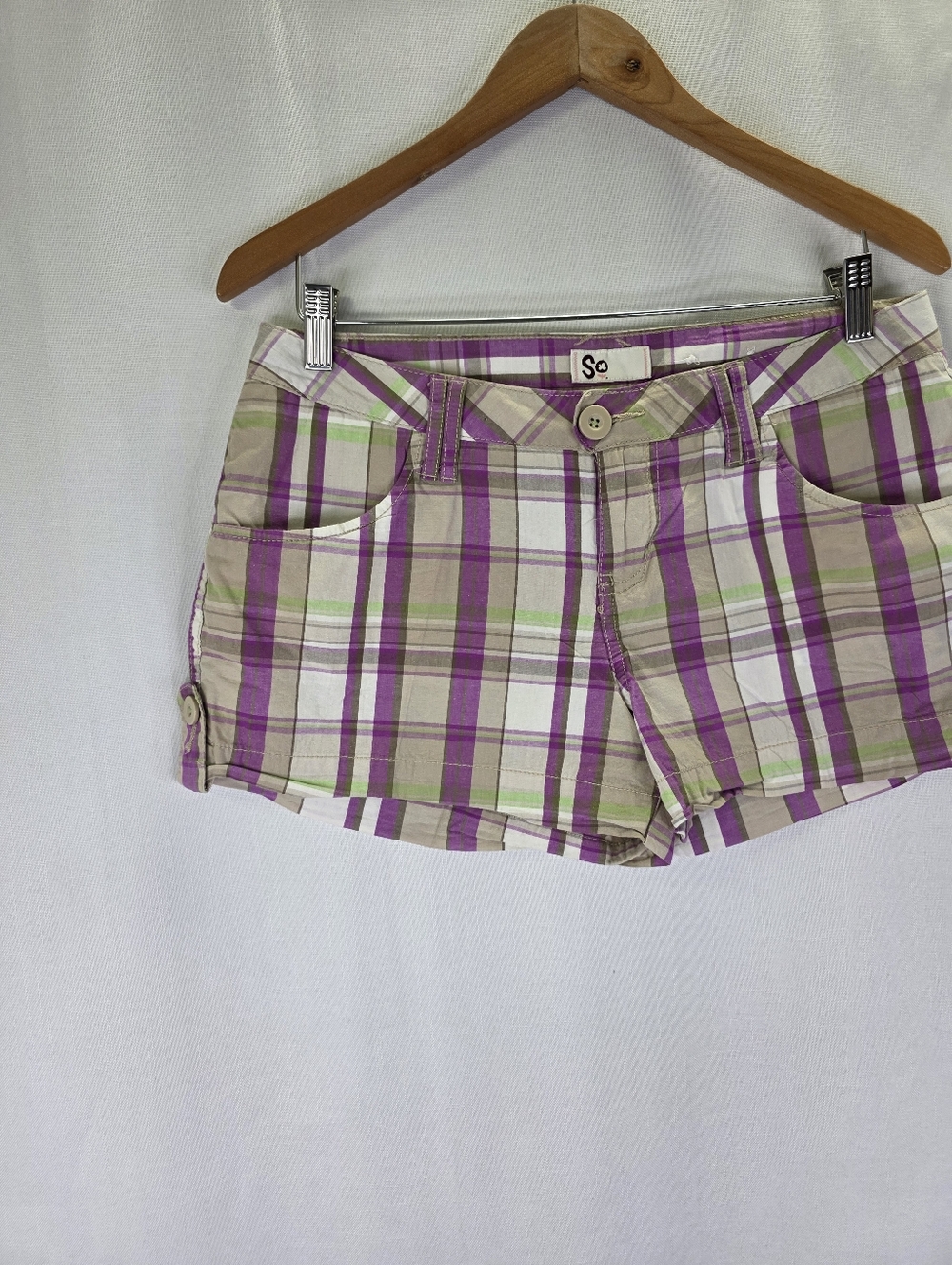 SO Y2k Vintage Low Rise Preppy Plaid Mini Shorts Pink Green Size 9 Juniors 2000s - Picture 3 of 13